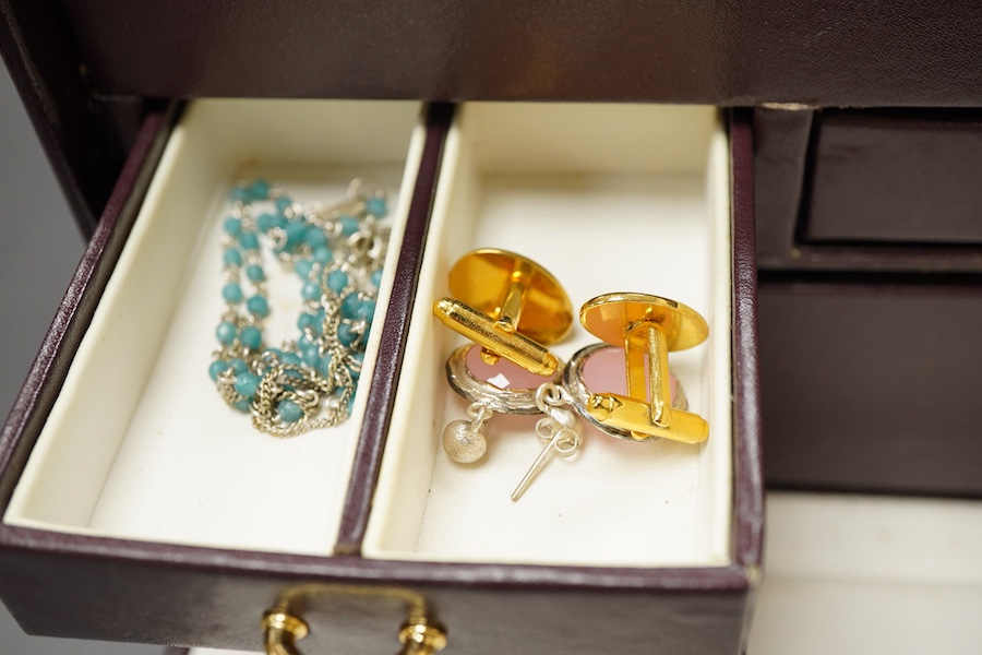 A collection of silver and other costume jewellery, including a diamond cluster ring in 9ct gold, size M, British hallmarks; a citrine ring in 9ct gold, size O, British hallmarks; a citrine ring in low carat gold, size N